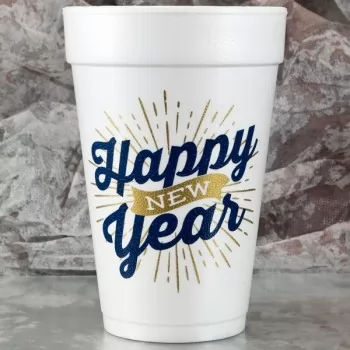 New Year’s Cups Styrofoam 16oz Pre-printed | Happy Banner (Blue/Gold Print) | FCC178