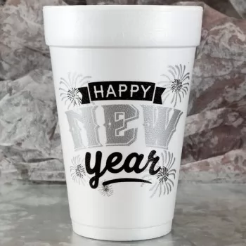 New Year’s Cups Styrofoam 16oz Pre-printed | New Year Fireworks (Black/Silver Print) | FCC179