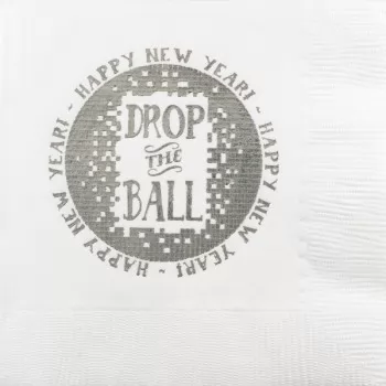 New Year’s Beverage Napkins | Drop the Ball | White napkin Silver Print | GBC47
