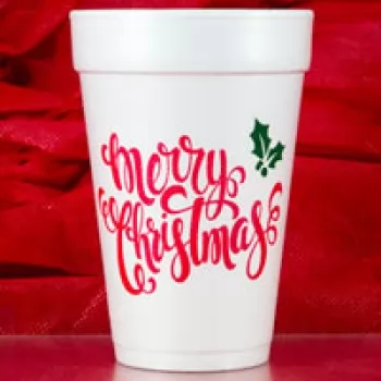 Christmas Cups Styrofoam 16oz Pre-printed | Merry Christmas Holly (Red/Green Print) | FCC167
