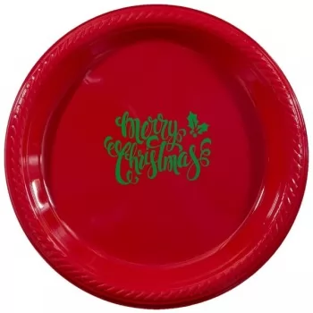 Christmas Red Plastic Plates 7" Pre-printed | Holly (Green Print) | PPC002