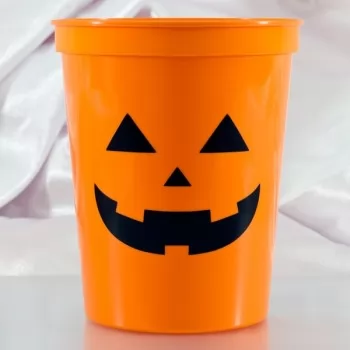 Halloween Cups Orange Plastic Stadium | 16oz Pre-printed | Pumpkin Face (Black Ink) | SCH001